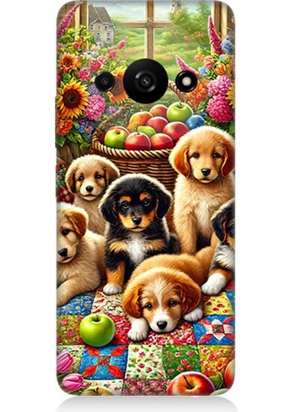Xiaomi Redmi A3 Uyumlu Çiçek Bahçesinde Yavru Köpekler Desenli Silikon Kılıf