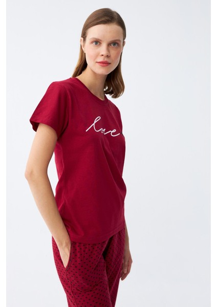 Kadın Bordo Kalp Desenli Kapri Pijama Takımı