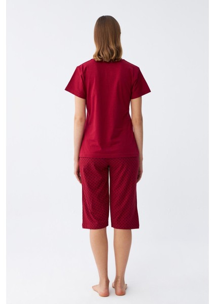 Kadın Bordo Kalp Desenli Kapri Pijama Takımı fırsatları