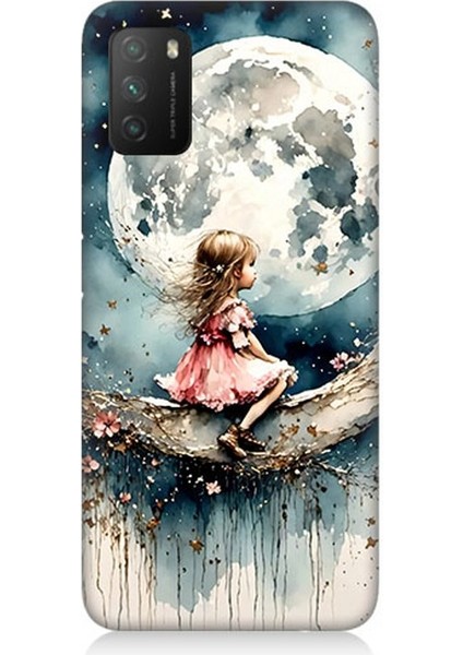 Xiaomi Poco M3 Uyumlu Ay Üzerinde Hayalci Kız Desenli Silikon Kılıf