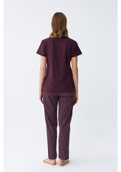 Kadın Mürdüm Papatya Baskılı Kısa Kollu Penye Pijama Takımı