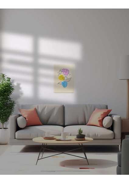Pastel Çiçek Hikayesi Seti - 3’lü Nakışlı Line Art Kanvas Tablo 30X40 cm