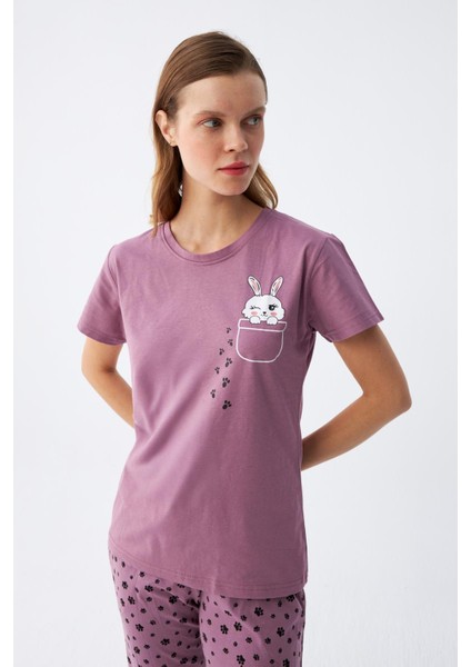 Kadın Mor Patili Tavşan Baskılı Cepli Pijama Takımı