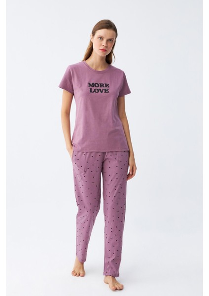 Kadın Mor Yıldız Desenli Penye Kısa Kol Pijama Takımı