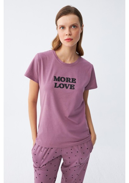 Kadın Mor Yıldız Desenli Penye Kısa Kol Pijama Takımı