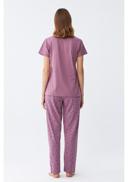 Kadın Mor Yıldız Desenli Penye Kısa Kol Pijama Takımı