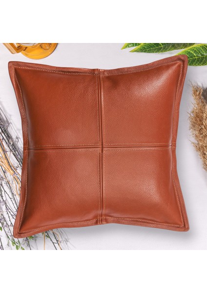 Premium Dekoratif Taba Deri Kırlent Kılıfı/ev ve Ofis Için Gerçek Deri 45X45CM Kırlent Kılıfı
