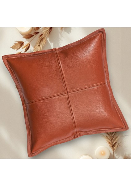 Premium Dekoratif Taba Deri Kırlent Kılıfı/ev ve Ofis Için Gerçek Deri 45X45CM Kırlent Kılıfı
