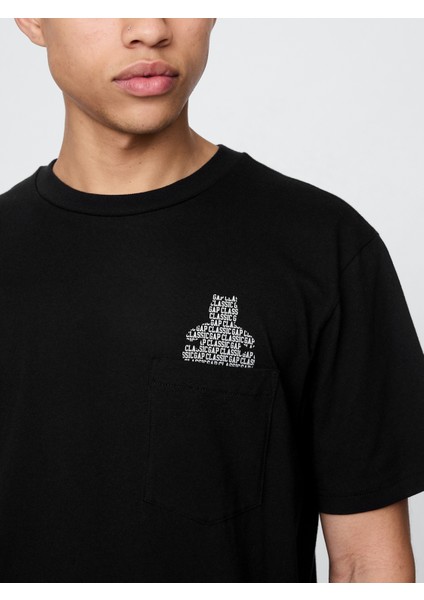 Erkek Siyah Pocket Grafik Baskılı T-Shirt modelleri