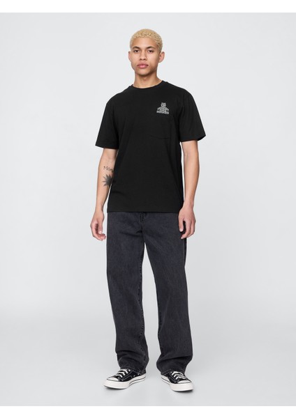 Erkek Siyah Pocket Grafik Baskılı T-Shirt indirimleri