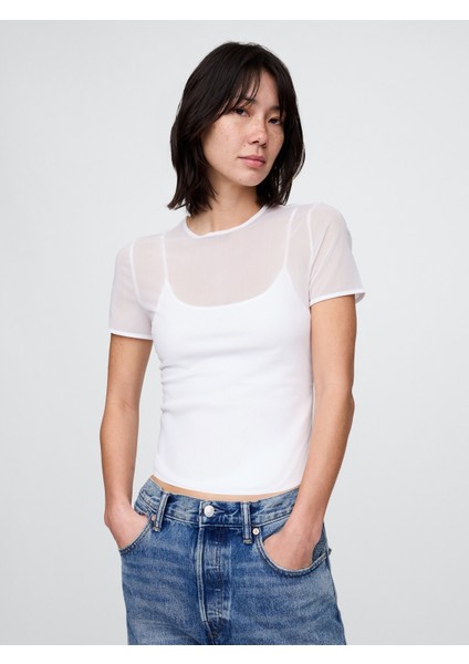 Kadın Beyaz Transparan Crop T-Shirt