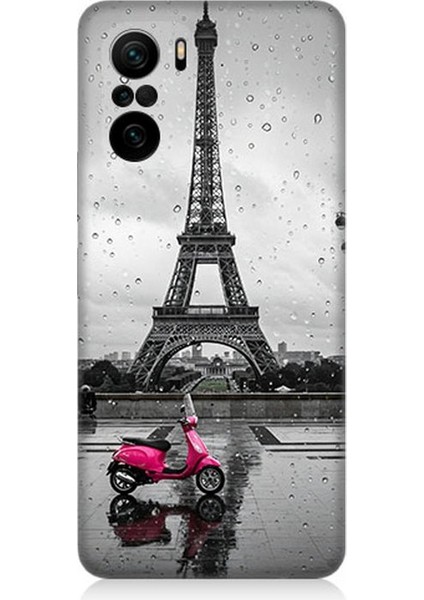 Xiaomi Poco F3 Uyumlu Yağmurda Eyfel ve Scooter Desenli Silikon Kılıf