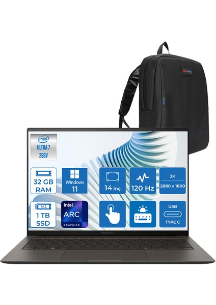 Zenbook S 14 Intel Core Ultra 7 258V 32GB LPDDR5X 1tb SSD Intel Arc Graphics 14" 3k OLED (2880 x 1800) 120hz 500NIT Windows 11 Pro Dokunmatik Taşınabilir Bilgisayar UX5406SA02 + Zettaçanta
