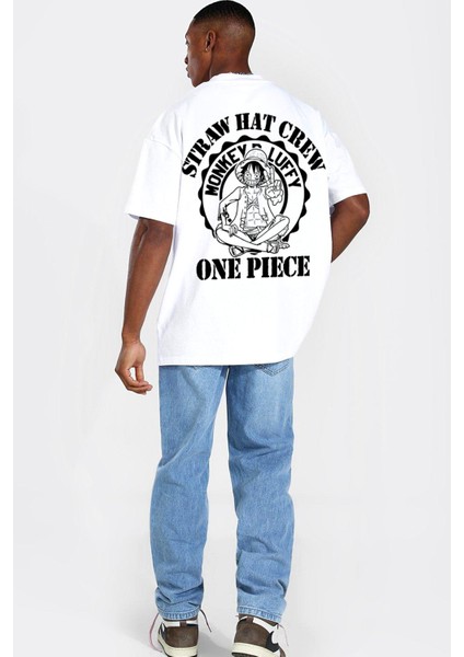 One Piece Logo Beyaz Arka Baskılı Oversize Kısa Kollu Erkek T-Shirt