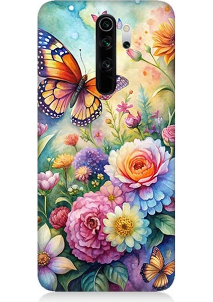 Xiaomi Redmi Note 8 Pro Uyumlu Çiçeklerle Dans Eden Kelebek Desenli Silikon Kılıf