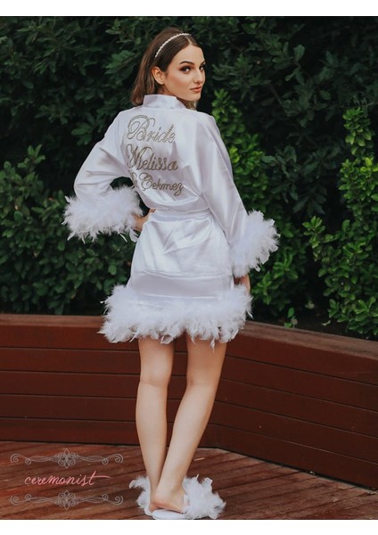 Kişiselleştirilebilir Kolları Tüylü Bride Gelin Sabahlığı Nakışlı Beyaz