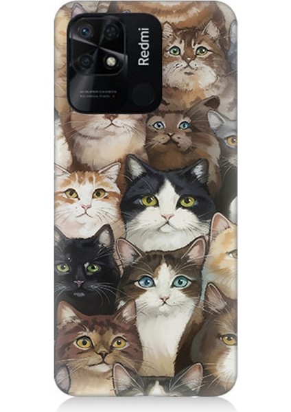 Xiaomi Redmi 10C Uyumlu Kedi Kalabalığında Kaos Desenli Silikon Kılıf