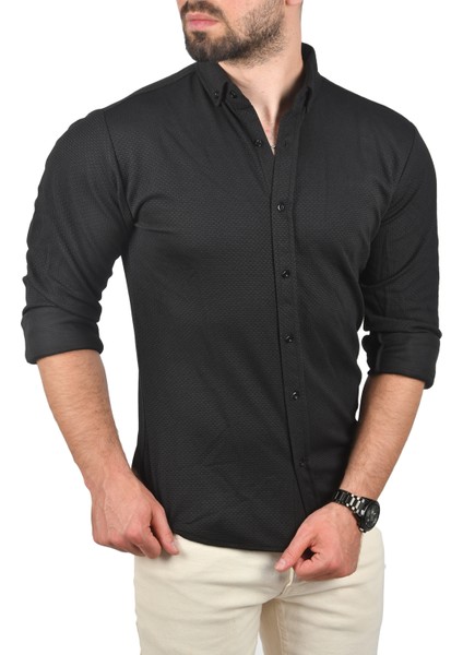 Slim Fit Dar Kesim Dokulu Spor Gömlek Likralı Pamuklu Esnek Kumaş Gömlek 2001810
