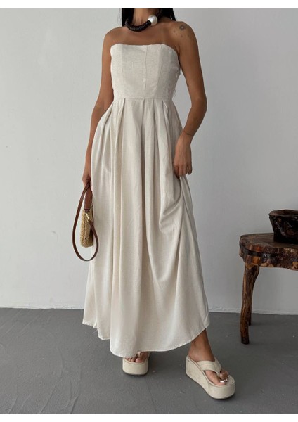 Straplez Midi Elbise %100 Pamuk