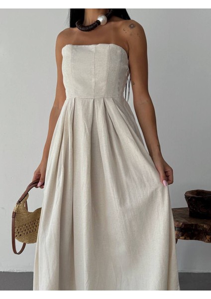 Straplez Midi Elbise %100 Pamuk