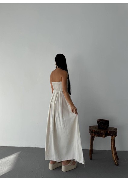 Straplez Midi Elbise %100 Pamuk