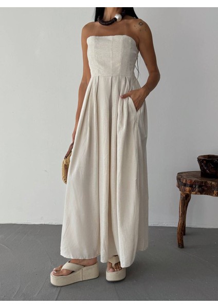 Straplez Midi Elbise %100 Pamuk