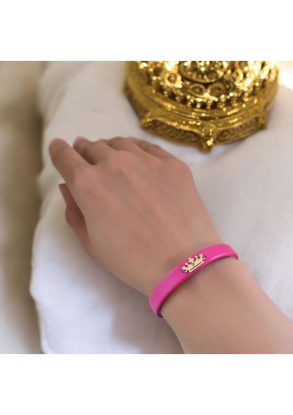 F Harfine Özel Doğal Pembe Derili Taç Motifli 14 Ayar Altın Plakalı Hediye Bileklik-495Harf fırsatları