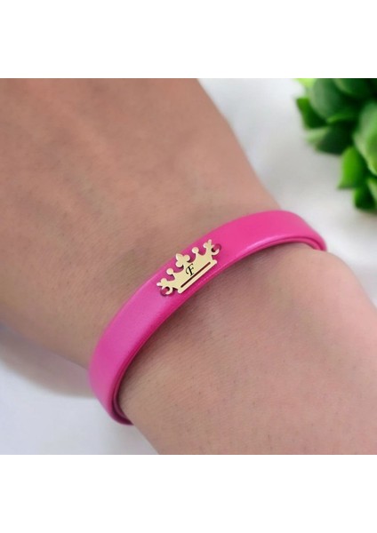 F Harfine Özel Doğal Pembe Derili Taç Motifli 14 Ayar Altın Plakalı Hediye Bileklik-495Harf indirimleri