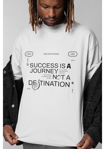 Success Is A Journey Baskılı Bisiklet Yaka Pamuklu Oversıze Kalıp Kısa Kollu Erkek Tshırt
