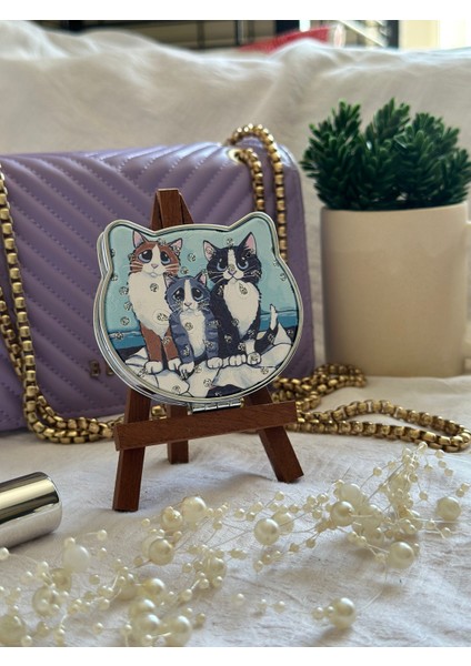Kedi Desenli Taşlı Makyaj Aynası#cosmeticaynası#cepaynası#kozmetikaynası#makyajaynası