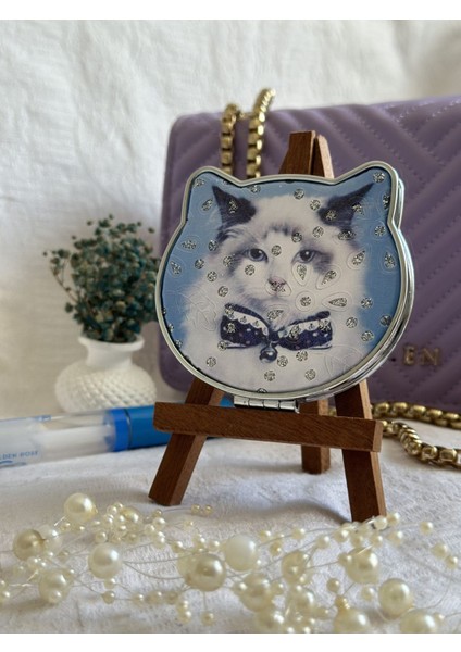 Kedi Desenli Taşlı Makyaj Aynası#cosmeticaynası#cepaynası#kozmetikaynası#makyajaynası