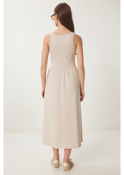 Halter Yaka Basic Yazlık Örme Elbise Krem LCR0053