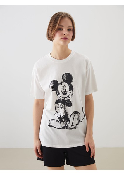 Yeni Sezon Bisiklet Yaka Mickey Mouse Baskili Kadin Tisort - S5OY17Z8
