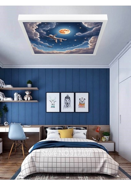 Uzay, Astronot, Yıldız Avize, 60WATT, Beyaz Işık, 60X60 Modern Kare LED Avize, Çocuk Odası Uzay