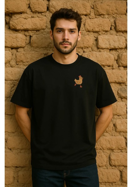 Kaykaylı Horoz Baskılı Unisex %100 Pamuk Oversize Bisiklet Yaka Siyah T-Shirt