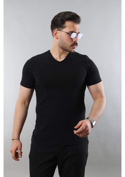 Erkek %100 Pamuk Slim Fit Dar Kesim V Yaka Basic Tişört