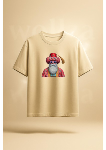 Cool Dede Baskılı Unisex %100 Pamuk Oversize Bisiklet Yaka Bej T-Shirt