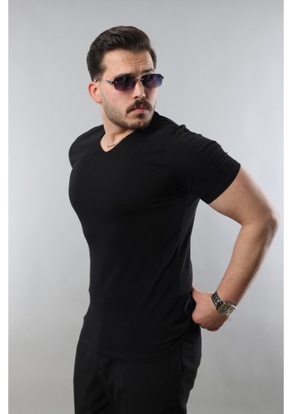 Erkek %100 Pamuk Slim Fit Dar Kesim V Yaka Basic Tişört modelleri