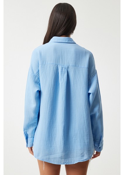 Oversize Basic Müslin Gömlek Gök Mavi LMX0002