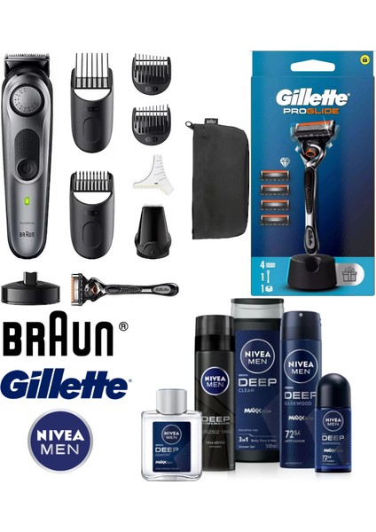 Series 7 Sakal Düzeltici - Gillette Fusion Proglide Flexball Tıraş Makinesi + 4 Yedekli - Nıvea Men Erkek Damat Çeyiz Seti