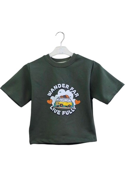 Haki Çocuk Normal Kalıp Bisiklet Yaka Baskılı No1 Basic Tişört