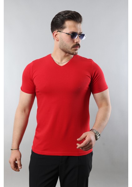 Erkek %100 Pamuk Slim Fit Dar Kesim V Yaka Basic Tişört