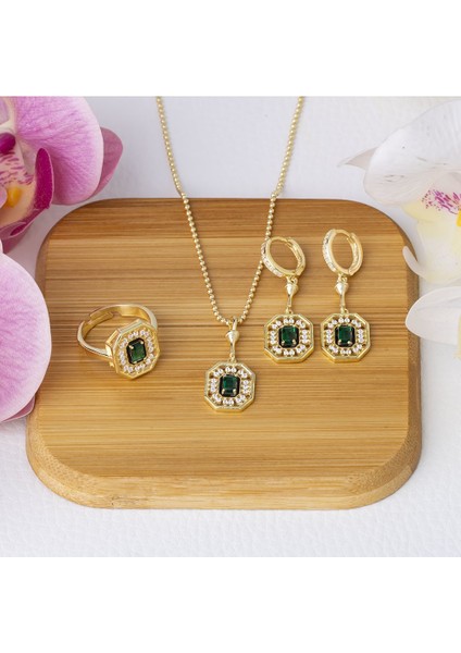 Yeşil Zirkon Taşlı Gold Rengi 925 Ayar Gümüş Kadın 3'lü Set fiyatları