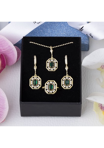 Yeşil Zirkon Taşlı Gold Rengi 925 Ayar Gümüş Kadın 3'lü Set modelleri