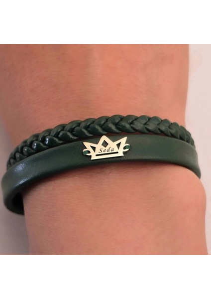 Seda İsmine Özel Koyu Yeşil Derili Taç Figürlü 14 Ayar Altın Plakalı Hediye Bileklik-494 İsim fırsatları