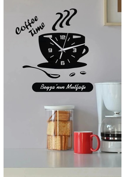 Kişiye Özel Coffee Time Yazı Dekorlu Ahşap Duvar Saati