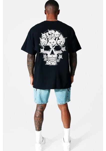Miyav Kurukafa Siyah Arka Baskılı Oversize Erkek T-Shirt