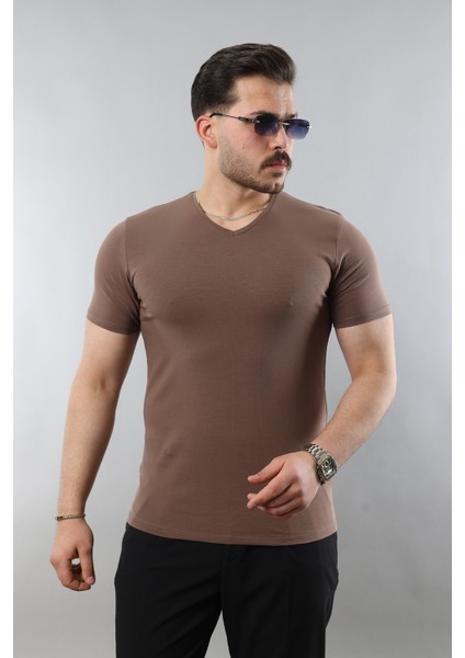 Erkek %100 Pamuk Slim Fit Dar Kesim V Yaka Basic Tişört