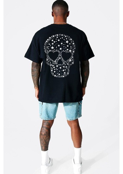 Yıldızlı Kurukafa Siyah Arka Baskılı Oversize Erkek T-Shirt