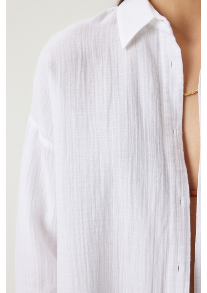 Oversize Basic Müslin Gömlek Beyaz LMX0002